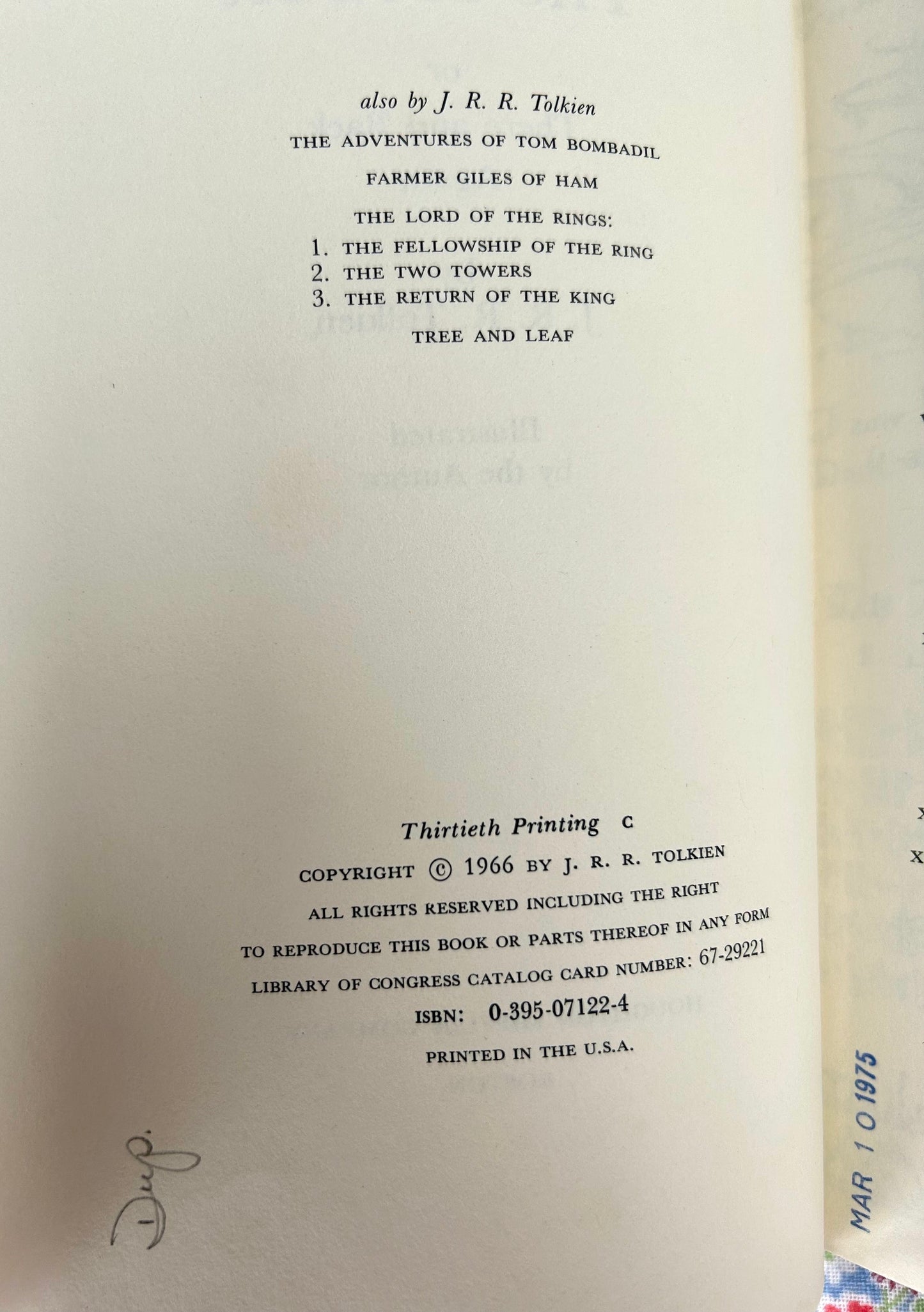 The Hobbit by J.R.R Tolkien. Published by Houghton MIfflin, 1966, 30th printing. Ex-library in very good condition (202)